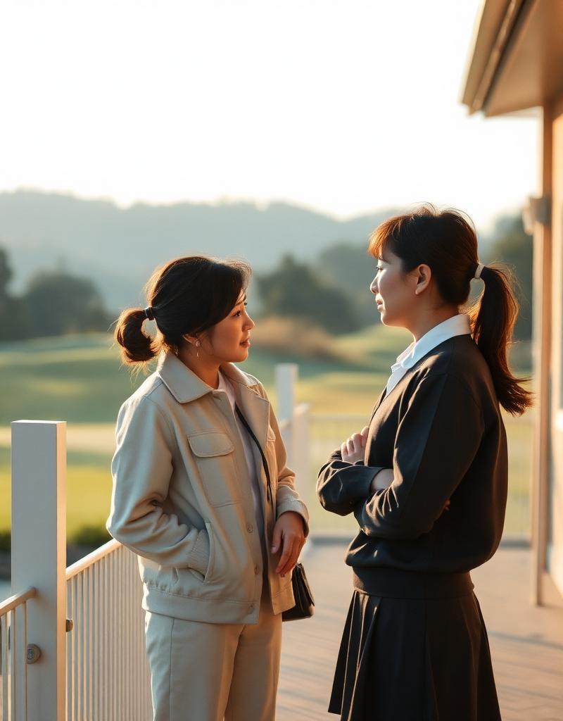 클럽하우스 테라스에서 대화를 나누는 코치와 학생